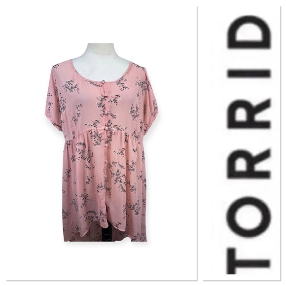 Torrid pink floral print short sleeve sheer top size 1-1X/14-16 - Picture 1 of 13